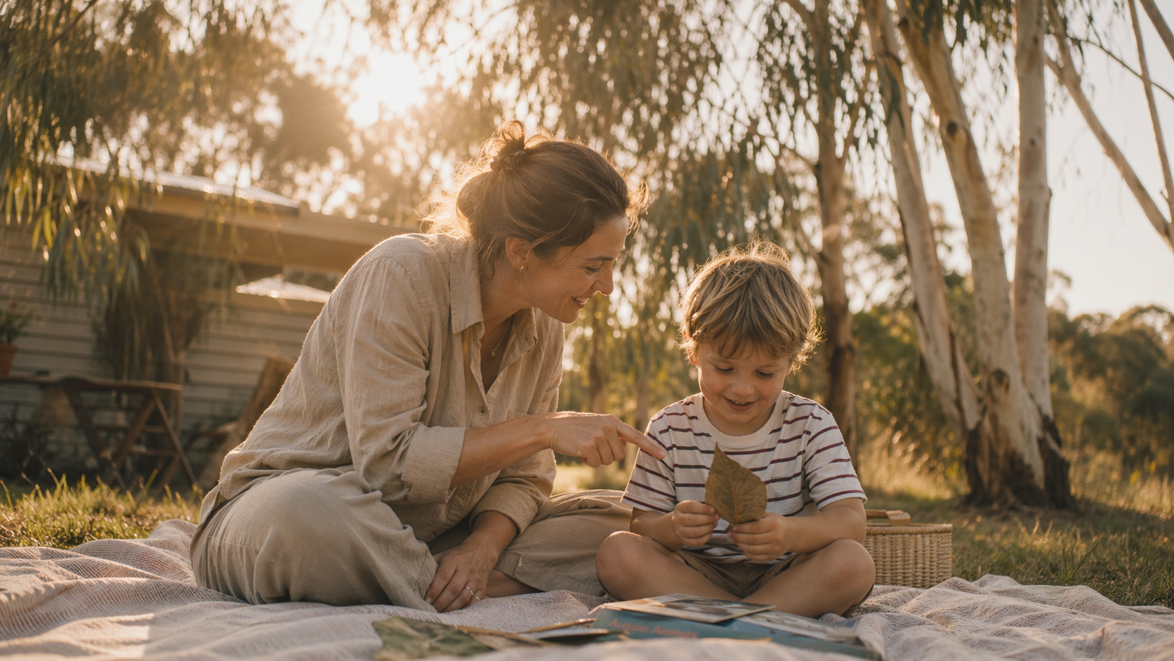 A speech pathologist and a young child playing outdoors in warm golden-hour light